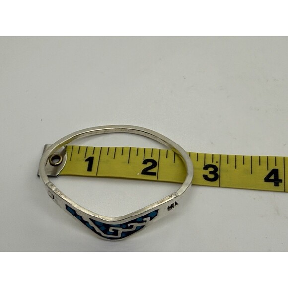 VINTAGE TAXCO MEXICO STERLING SILVER & TURQUOISE INLAY BRACELET LATCHING BANGLE - Picture 6 of 11